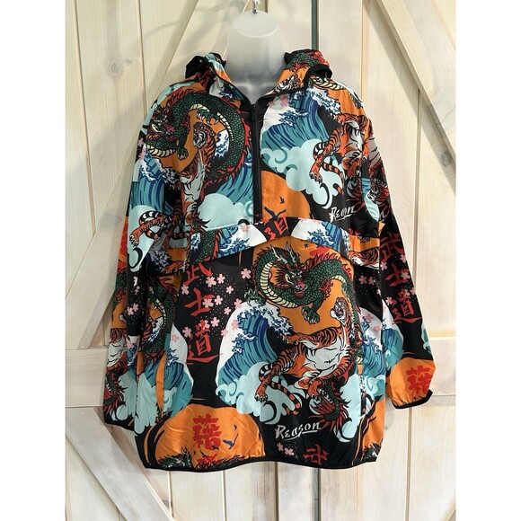 Reason Kanji Dragon Tiger Cherry Blossoms Mens Rain Jacket XL Eclectic Colorful - Picture 1 of 8